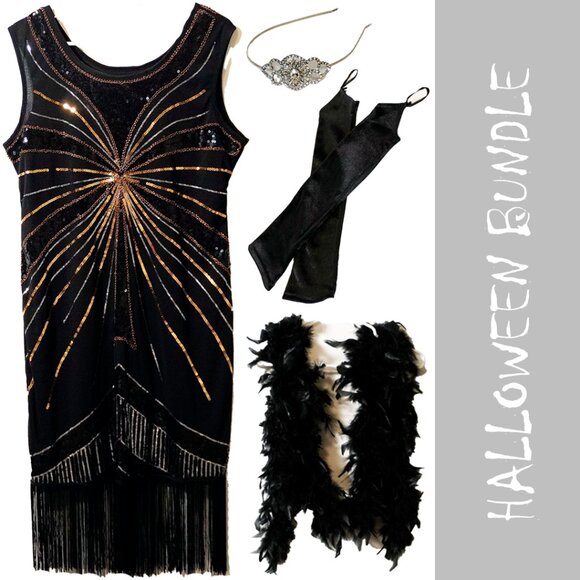 1920s Vintage Beaded Sequin Flapper Dress w/ Accessories - Picture 1 of 14